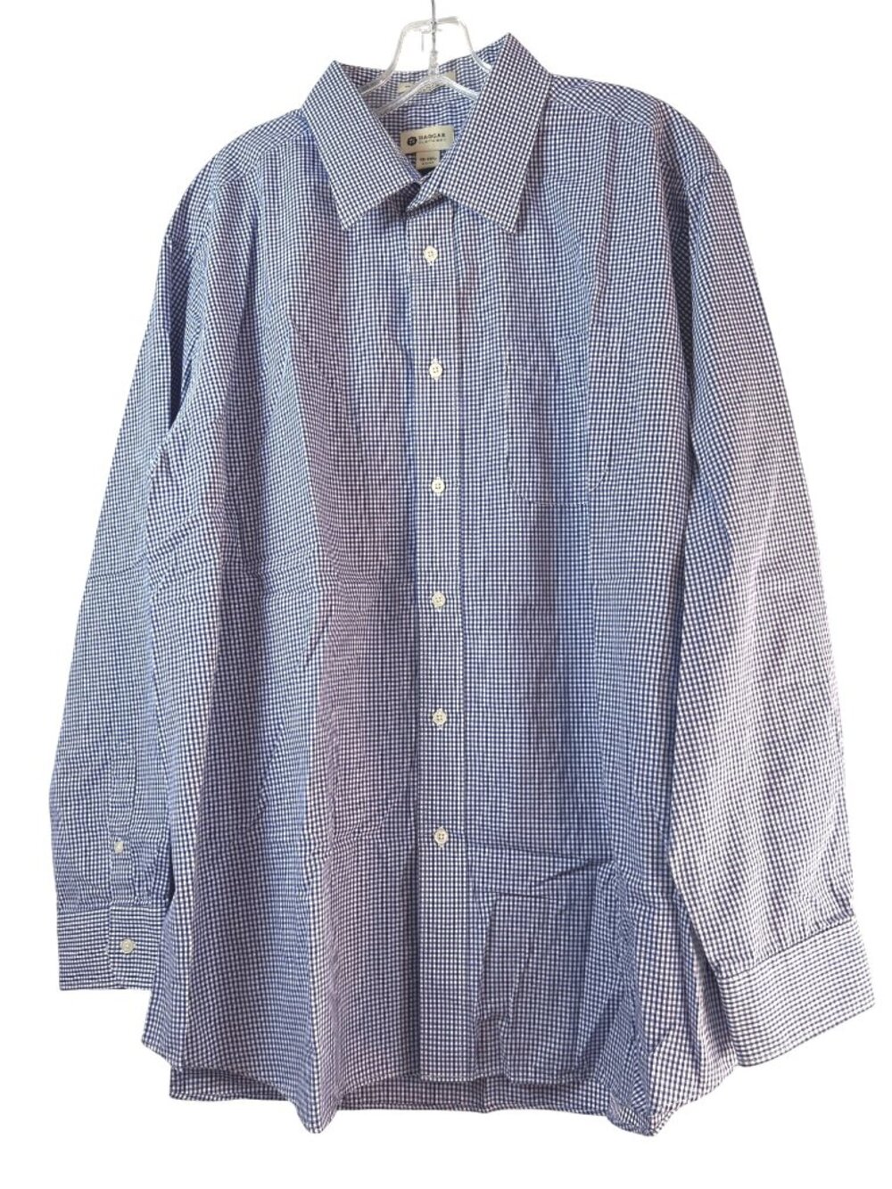 Haggar Mens Long Sleeve Button Up Dress Shirt Chest Pocket Blue Checked 18-18 1/